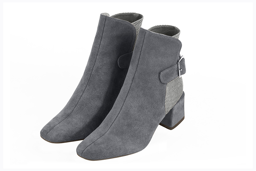 Dove grey women's ankle boots with buckles at the back. Square toe. Medium block heels. Front view - Florence KOOIJMAN